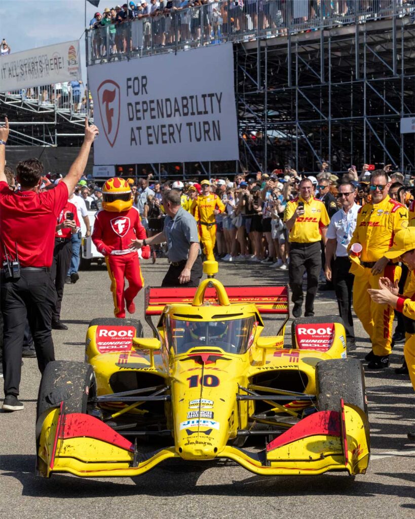Alex Palou and the No 10 DHL Chip Ganassi Racing IndyCar enter winner circle after the Firestone Grand Prix of St Petersburg