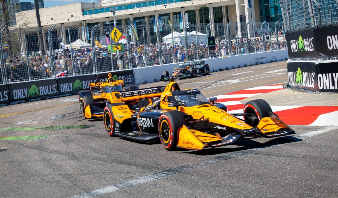 Arrow McLaren IndyCar racing through a corner during the 2026 Firestone Grand Prix of St. Petersburg street race