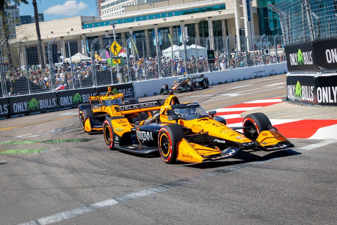 Arrow McLaren IndyCar racing through a corner during the 2026 Firestone Grand Prix of St. Petersburg street race