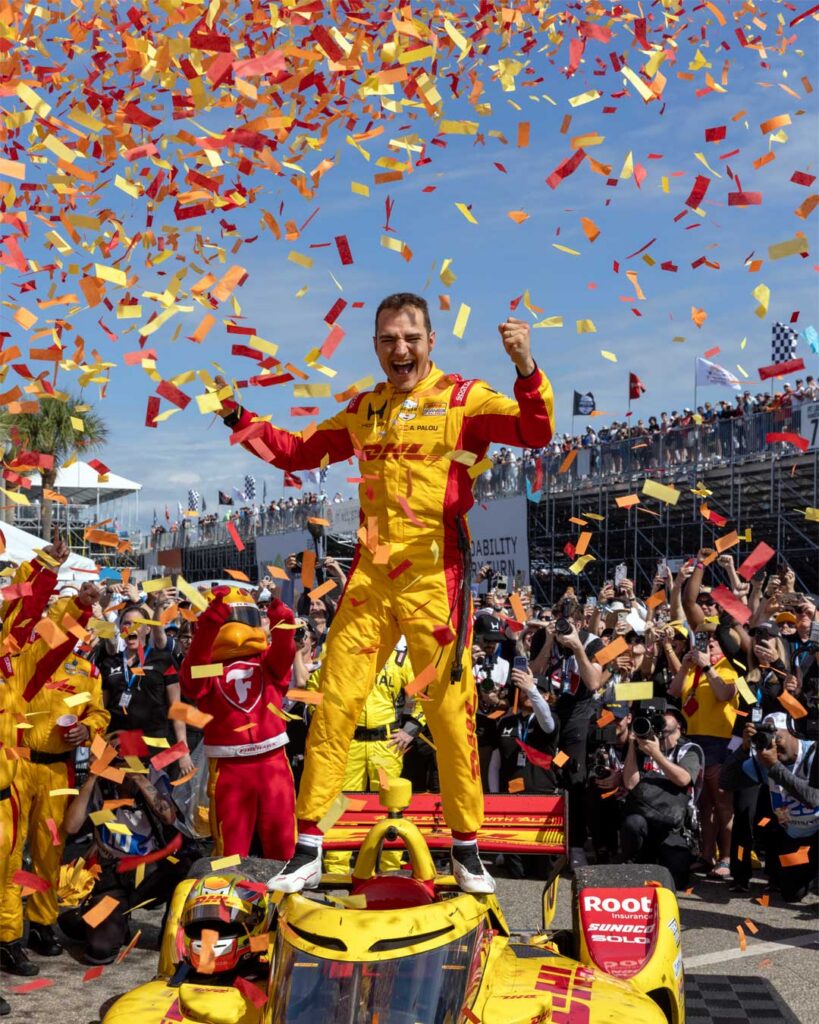 Álex Palou celebrates victory with confetti after winning the 2026 Firestone Grand Prix of St. Petersburg for Chip Ganassi Racing